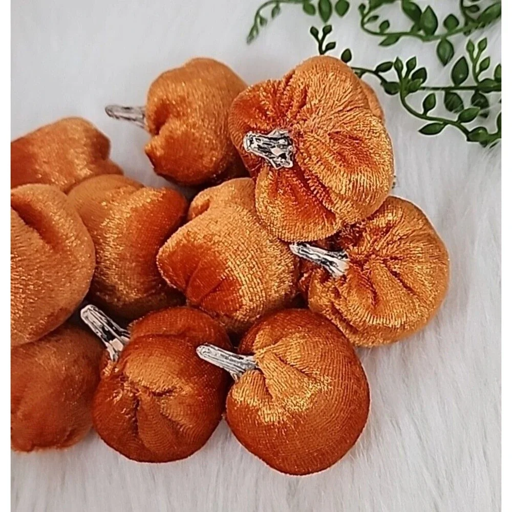 Mini Orange Velvet Stuffed Pumpkins Halloween Thanksgiving Craft Decor‎ 12 Pc
